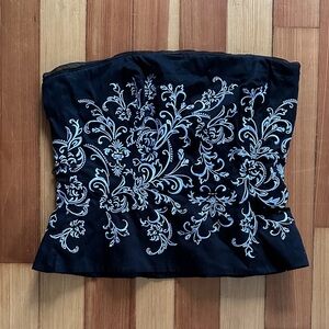 White House Black Market Black Strapless Top with White Embroidery